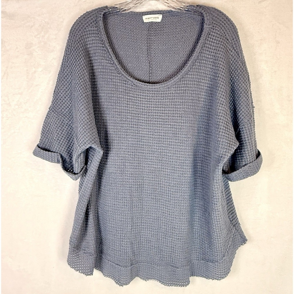 First Love Waffle‎ Knit Oversized Top Gray Textured Cozy Boho S/M Lounge